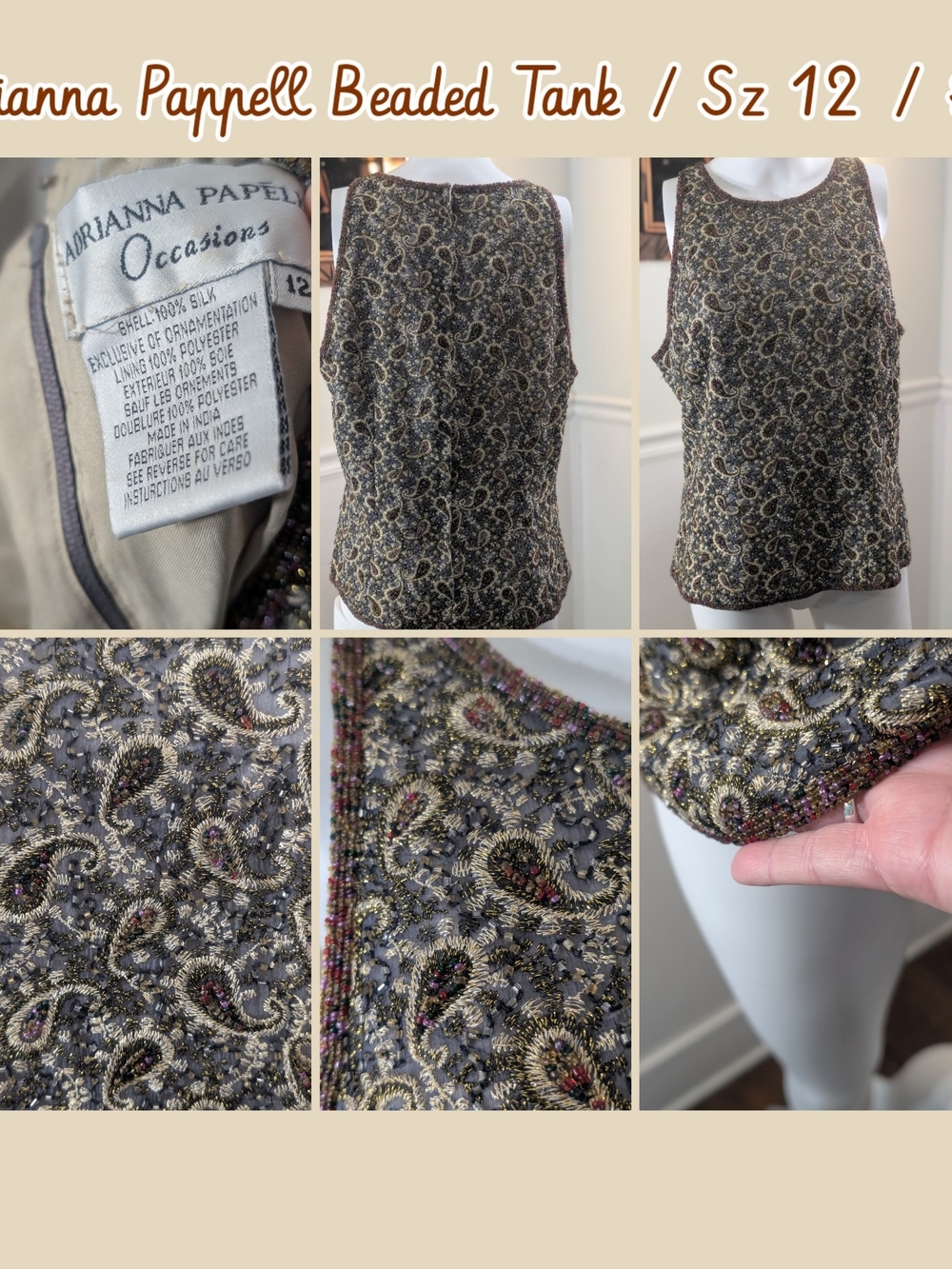 Adrianna Papell Black & Gold Beaded Tank Top
